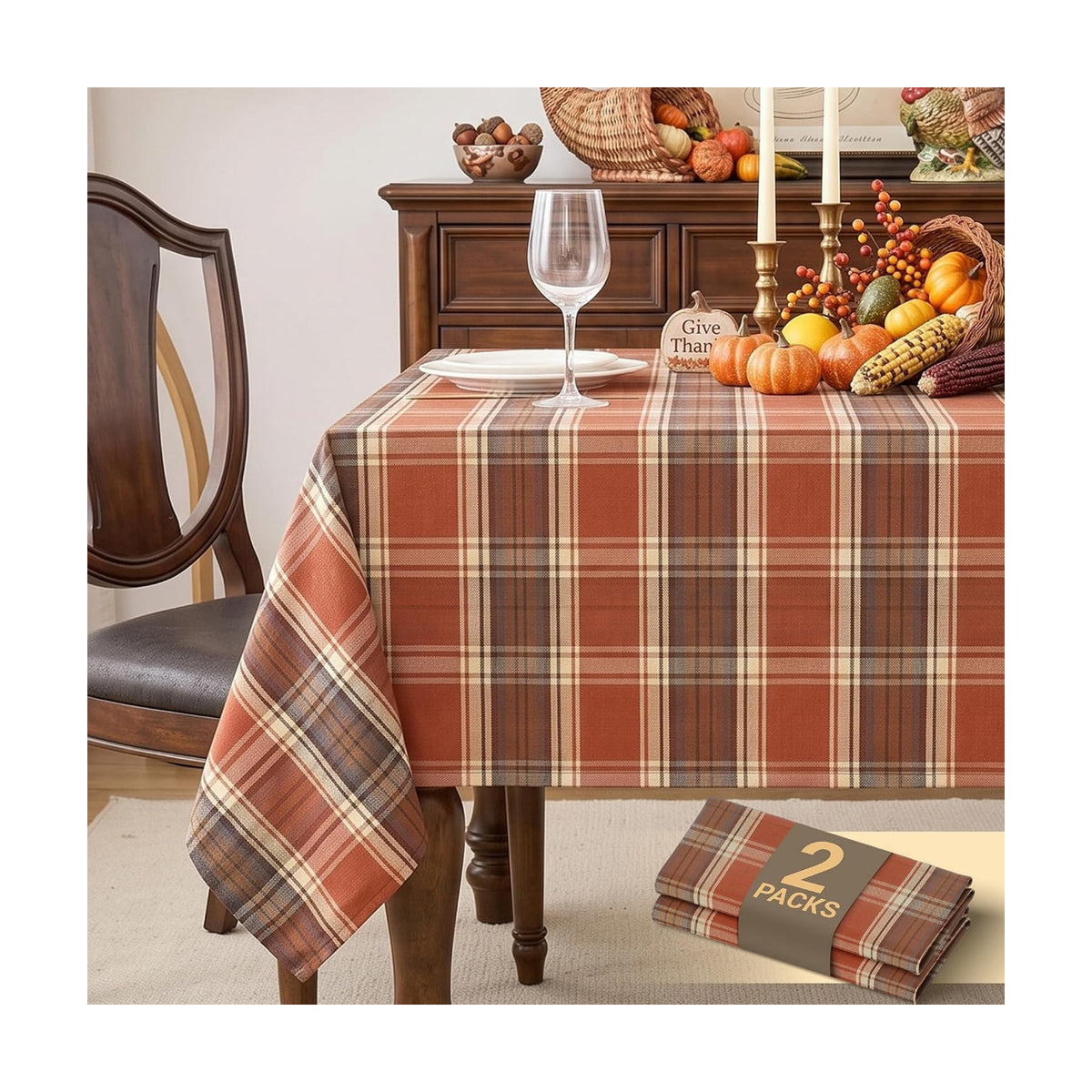 Fall & Thanksgiving Tablecloth Rectangular, Tartan Plaid, 2-Pack
