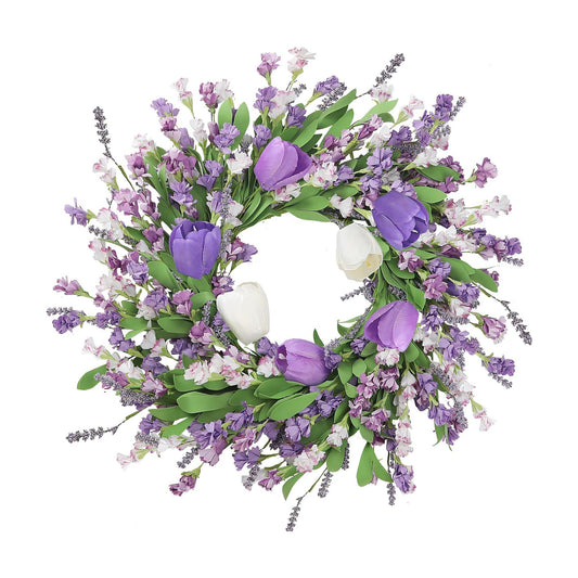 Sggvecsy Spring Summer Wreath for Front Door 22 Inch Artificial Purple Flower Wreath with Tulips Greenery Leaves Lavender for All Seasons Home Farmhouse Indoor Outdoor Wall Decor (Purple)