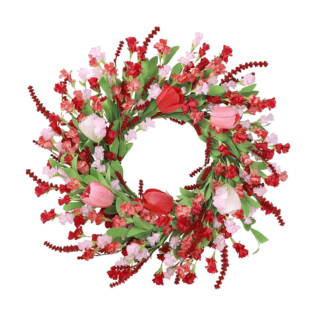 Sggvecsy Spring Summer Wreath for Front Door 22 Inch Artificial Red Flower Wreath with Pink Tulips Greenery Leaves Lavender for All Seasons Home Farmhouse Indoor Outdoor Wall Decor (Red and Pink)