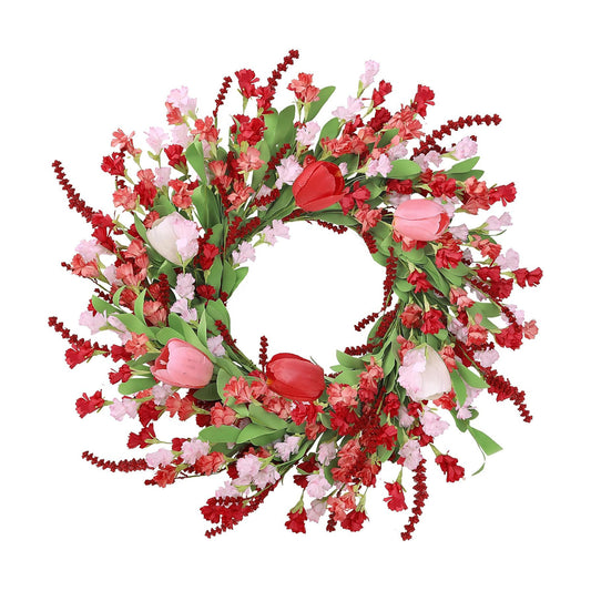 Sggvecsy Spring Summer Wreath for Front Door 22 Inch Artificial Red Flower Wreath with Pink Tulips Greenery Leaves Lavender for All Seasons Home Farmhouse Indoor Outdoor Wall Decor (Red and Pink)