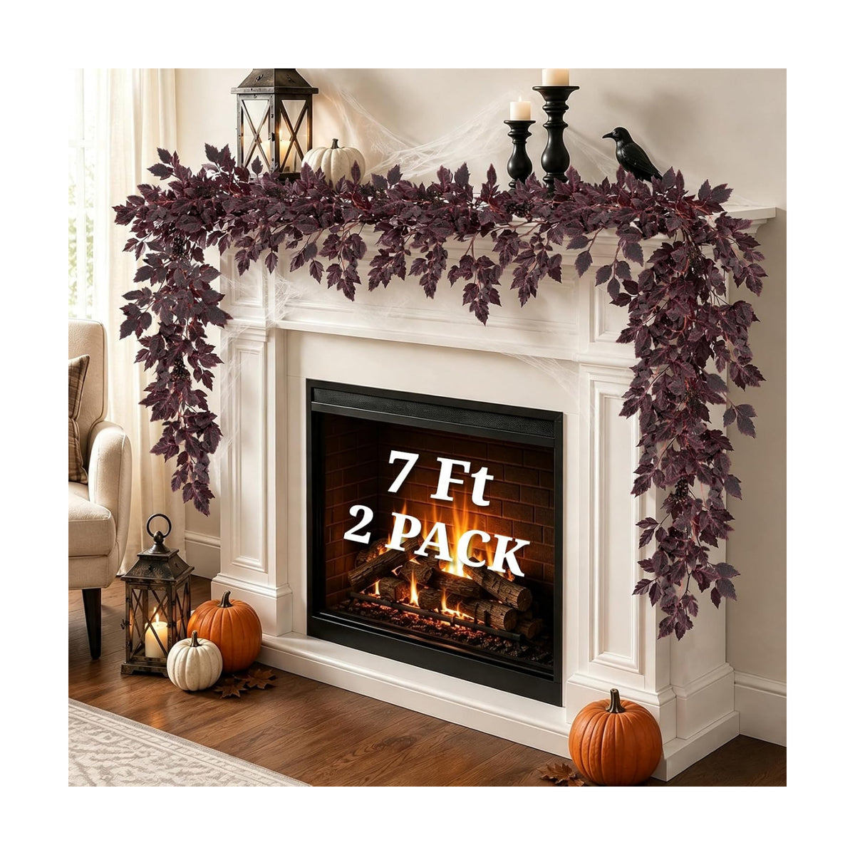 Fall Garland for Mantle, 2 Pack 7 Ft Plum Cimicifuga Seeded Leaf Garlands