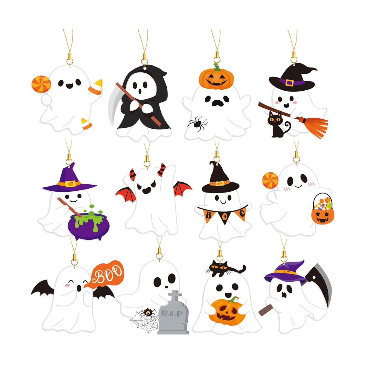 36Pcs Ghost Hanging Ornament Double Sided Halloween Tree Decoration