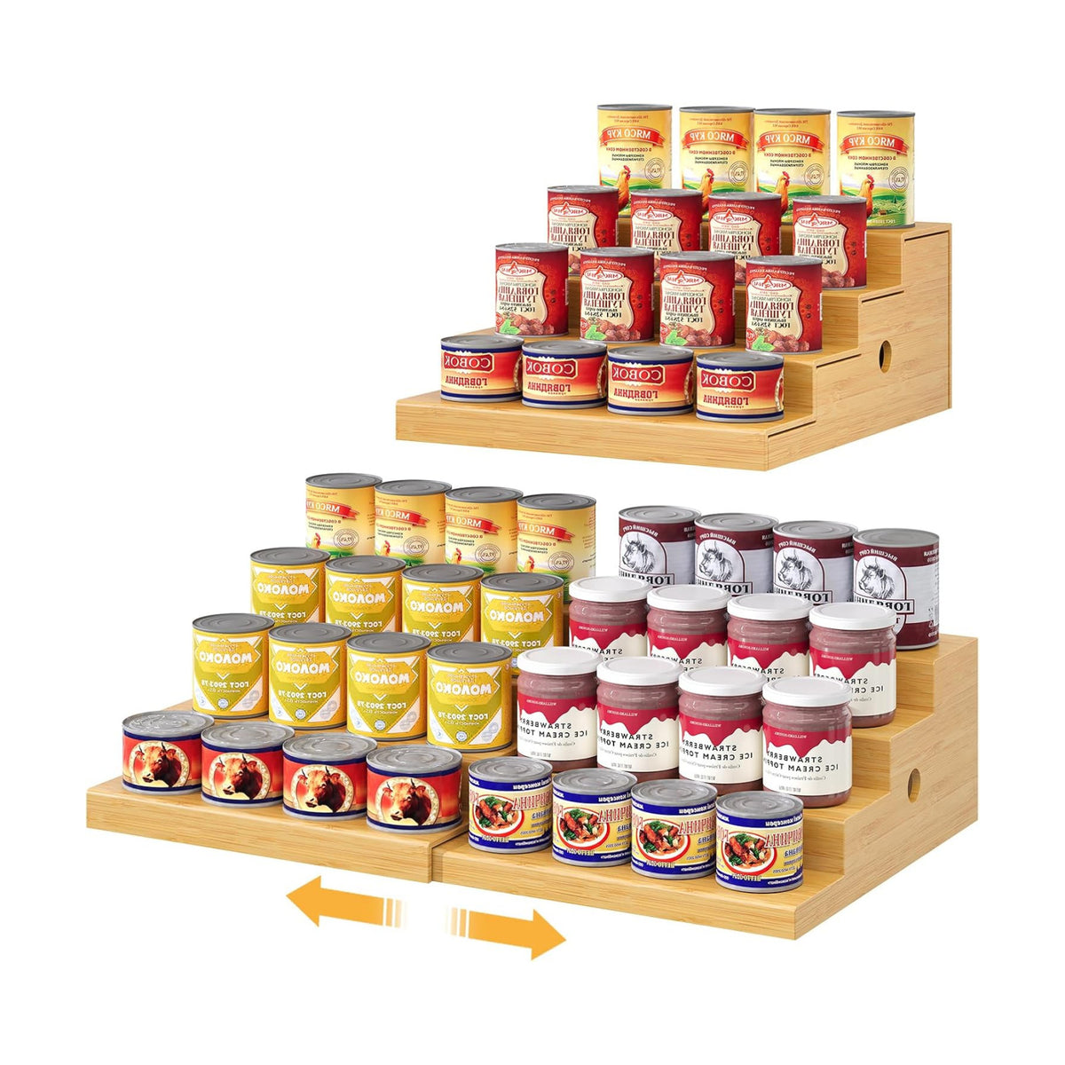 4-Tier Expandable Bamboo Can Storage Rack for Pantry, Holds Up to 32 Cans | Adjustable Can Organizer & Soda Can