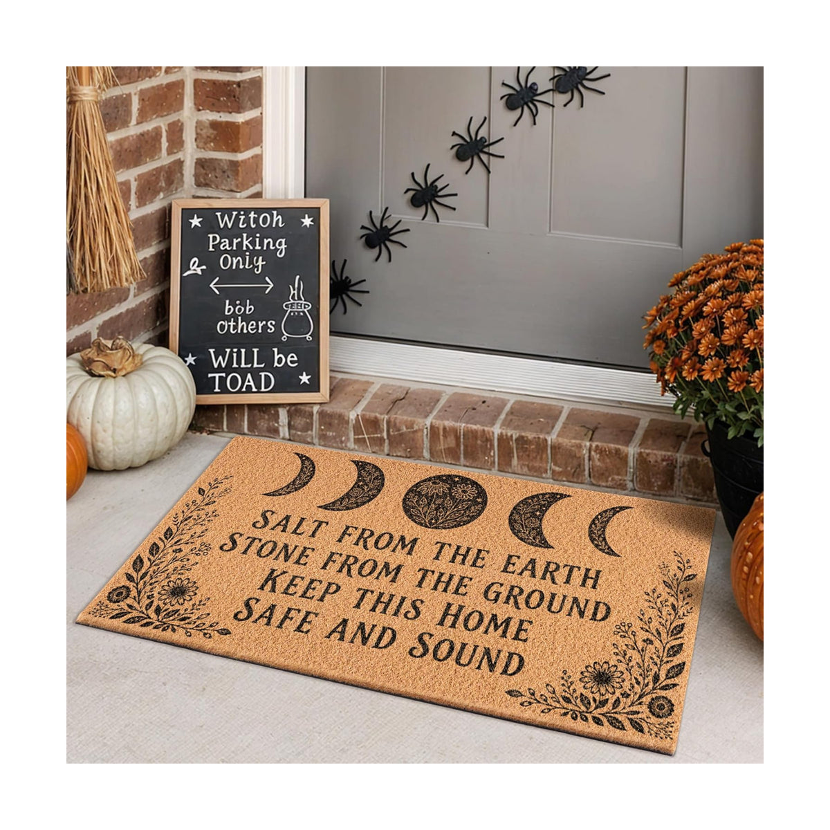 Witchy Halloween Door Mat, Gothic Blessing Rug with Moon for Front Door
