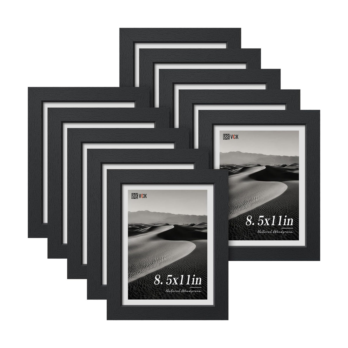 VCK 8.5x11 Picture Frame Set of 10, Black Wood 8.5 x 11 Photo Frames for Wall Mounting Horizontally & Vertically
