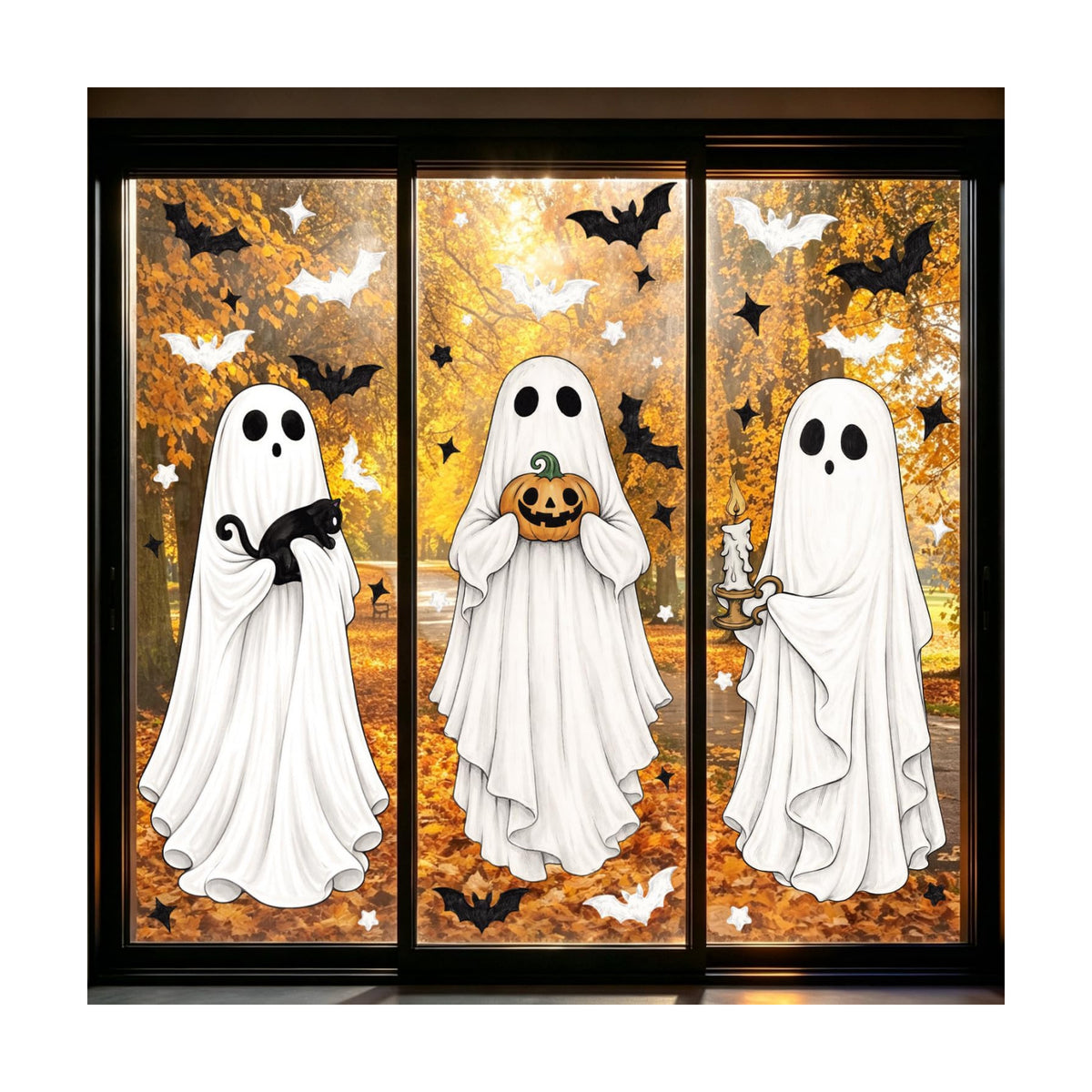 CCINEE 3 Sheets Halloween Ghosts Window Clings, Extra Large Spooky Bats Black Cat Pumpkin Window Stickers Ghost Mirror Decals for Home School Office Glass Halloween Party Indoor Outdoor Decorations