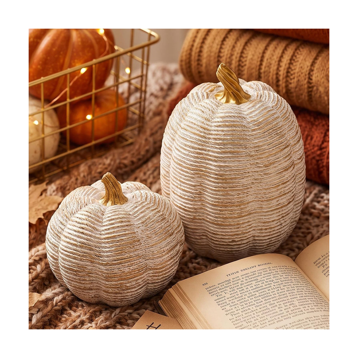 2Pcs White Resin Fall Pumpkin Decor Set for Thanksgiving Halloween