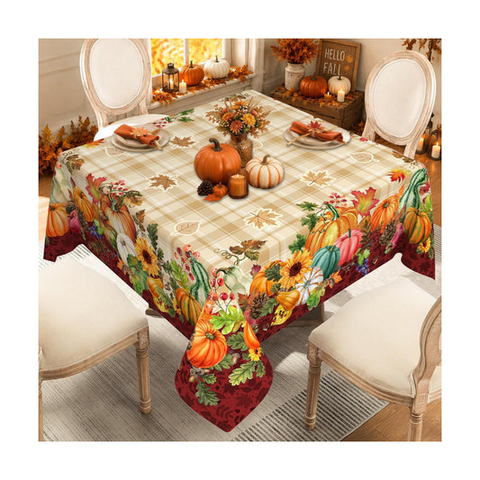 Fall Plaid Square Tablecloth 52x52 Inch, Stain Resistant Washable Fabric Autumn Harvest Pumpkin Table Cloth Square Fall Tablecloth Table Cover for Kitchen Dining Party