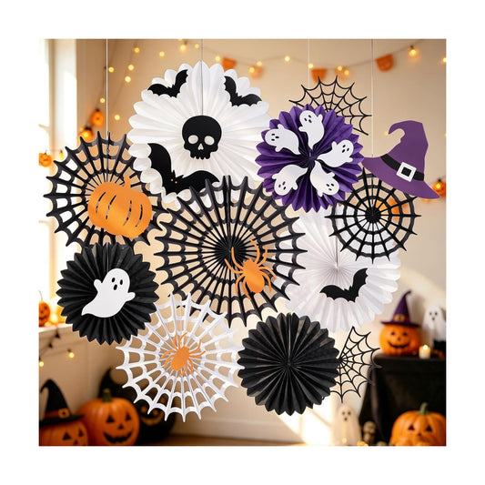 Paper Jazz Hanging Halloween Decorations With Spider Web Paper Fan Cute Ghost Decor,Vintage Halloween Decoration Indoor for Wall With Bat Skeleton Orange And Black Party Decoration For Day Of The Dead