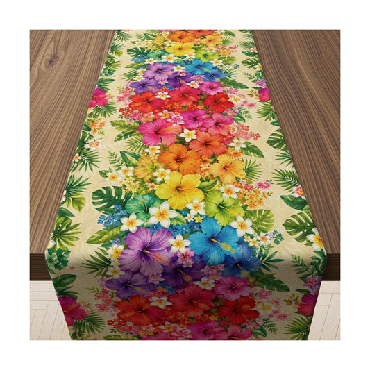 Luau Party Decorations - Tropical Hibiscus Plumeria Palm Leaf Table Runner