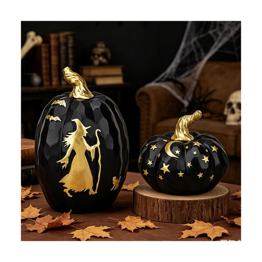 2Pcs Resin Black & Gold Pumpkin Decor Halloween Table Centerpiece