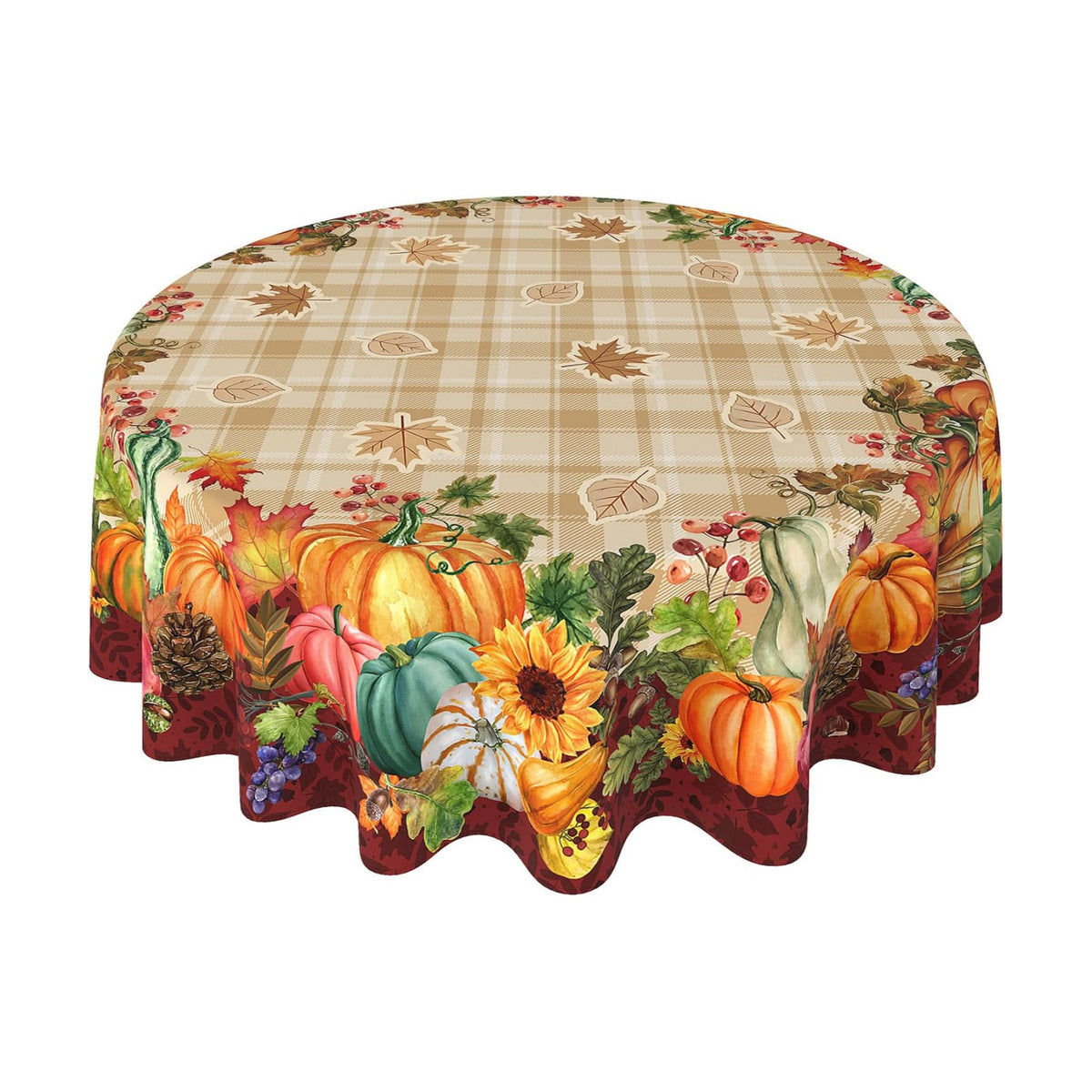 Fall Plaid Round Tablecloth 70 Inch, Stain Resistant Washable Fabric Autumn Harvest Pumpkin Table Cloth Round Fall Tablecloth Table Cover for Kitchen Dining Party