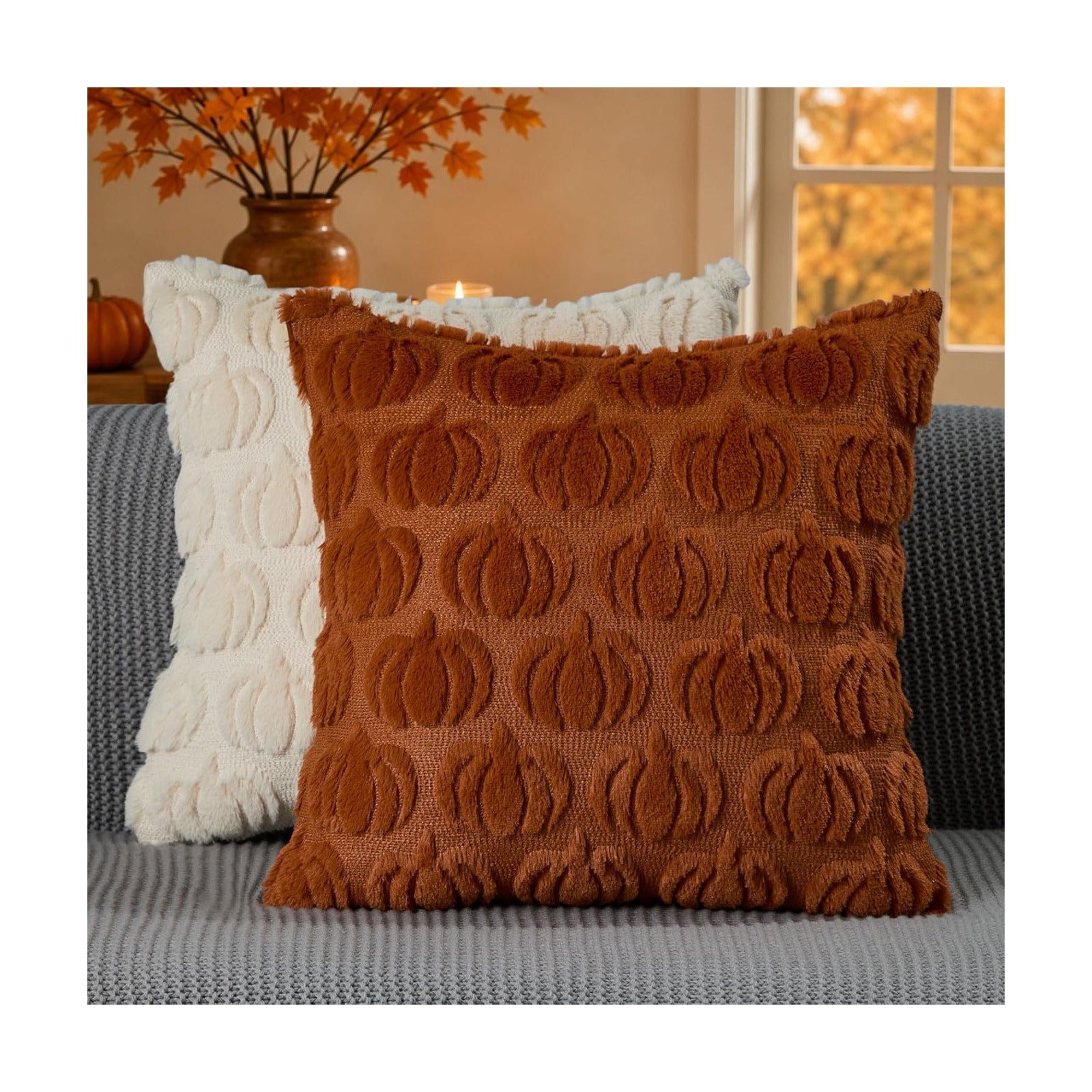 DFXSZ Fall Pillow Covers 18x18 2Pcs Rust Beige Pumpkin Fall Decorations