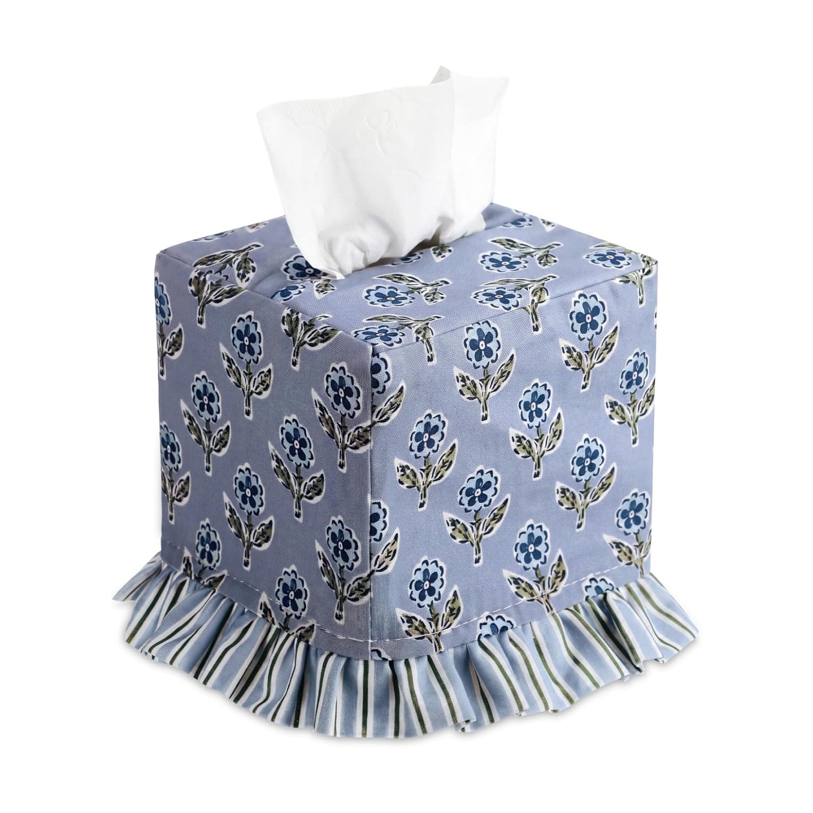 Apatite Floral Ruffle Tissue Box Cover Block Printed Cotton Fabric Napkin Holder Square Boho / Blue