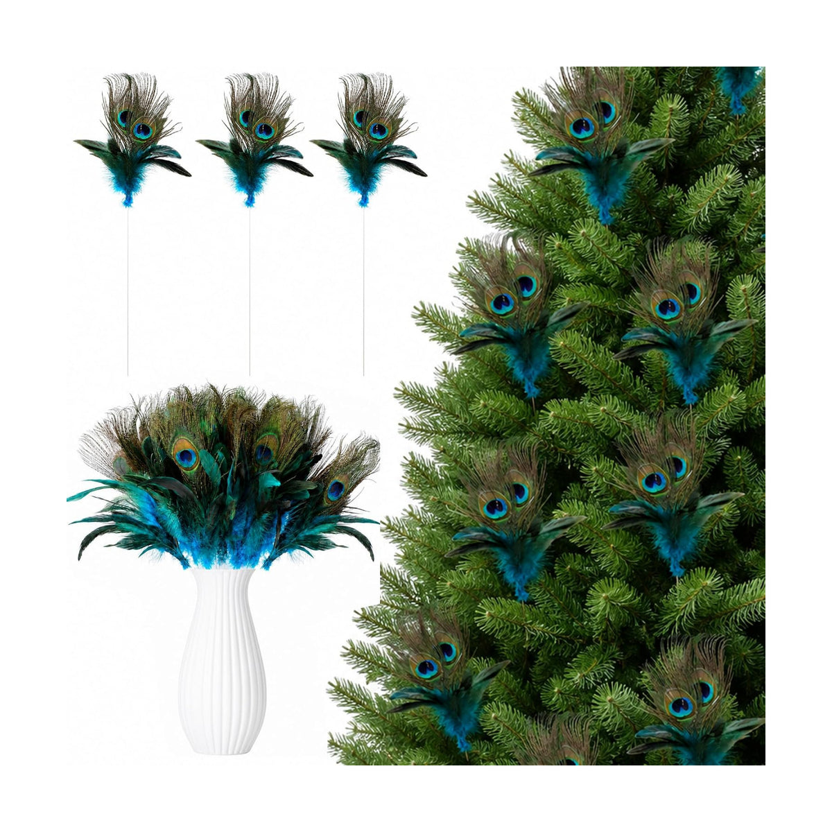 10 Pcs Artificial Peacock Feather Picks, Peacock Feather Xmas Tree Picks