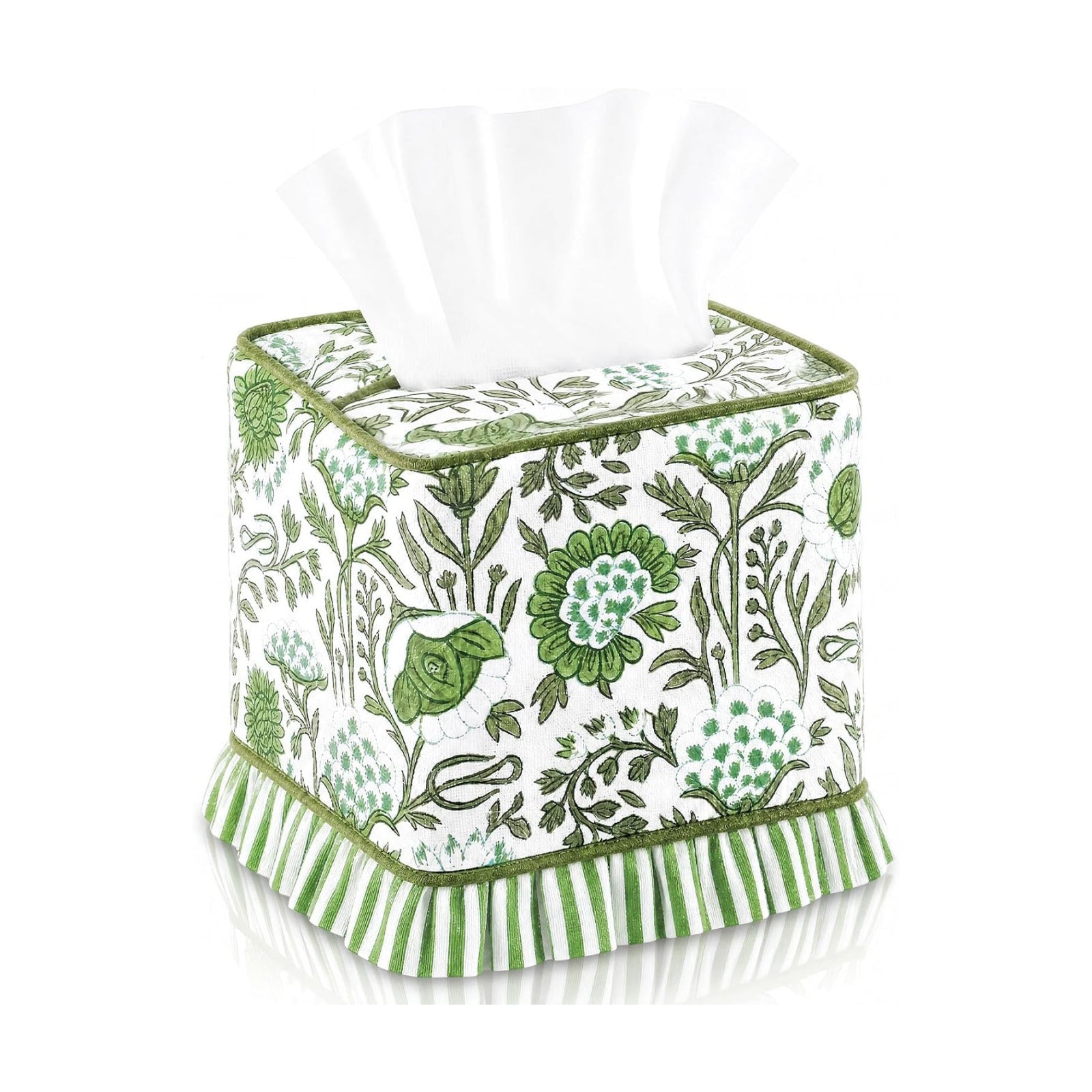 Agate Hand Block Printed Cotton Tissue Box Cover Decorative Square Boho / Floral Ruffle / Green