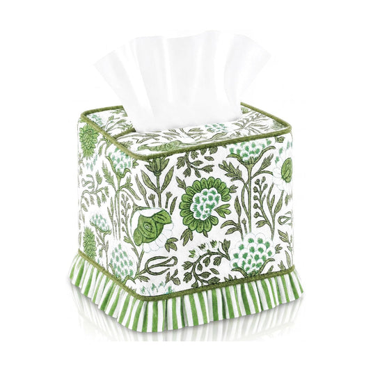 Agate Hand Block Printed Cotton Tissue Box Cover Decorative Square Boho / Floral Ruffle / Green