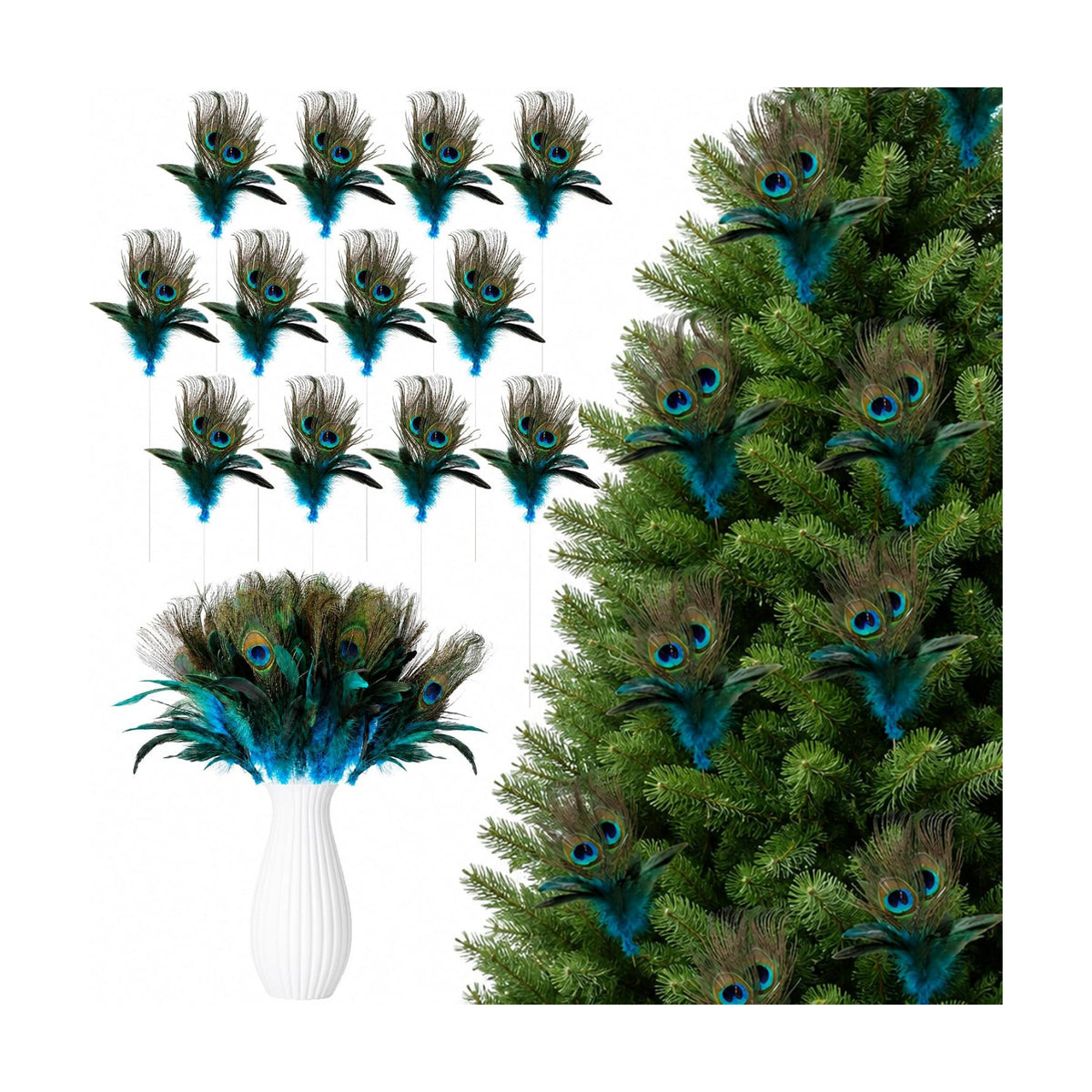 20 Pcs Artificial Peacock Feather Picks, Peacock Feather Xmas Tree Picks