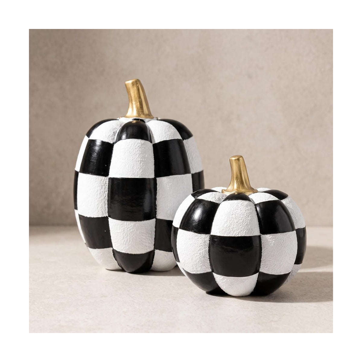 Black and White Checkered Pumpkins with Gold Stem for Halloween Decor