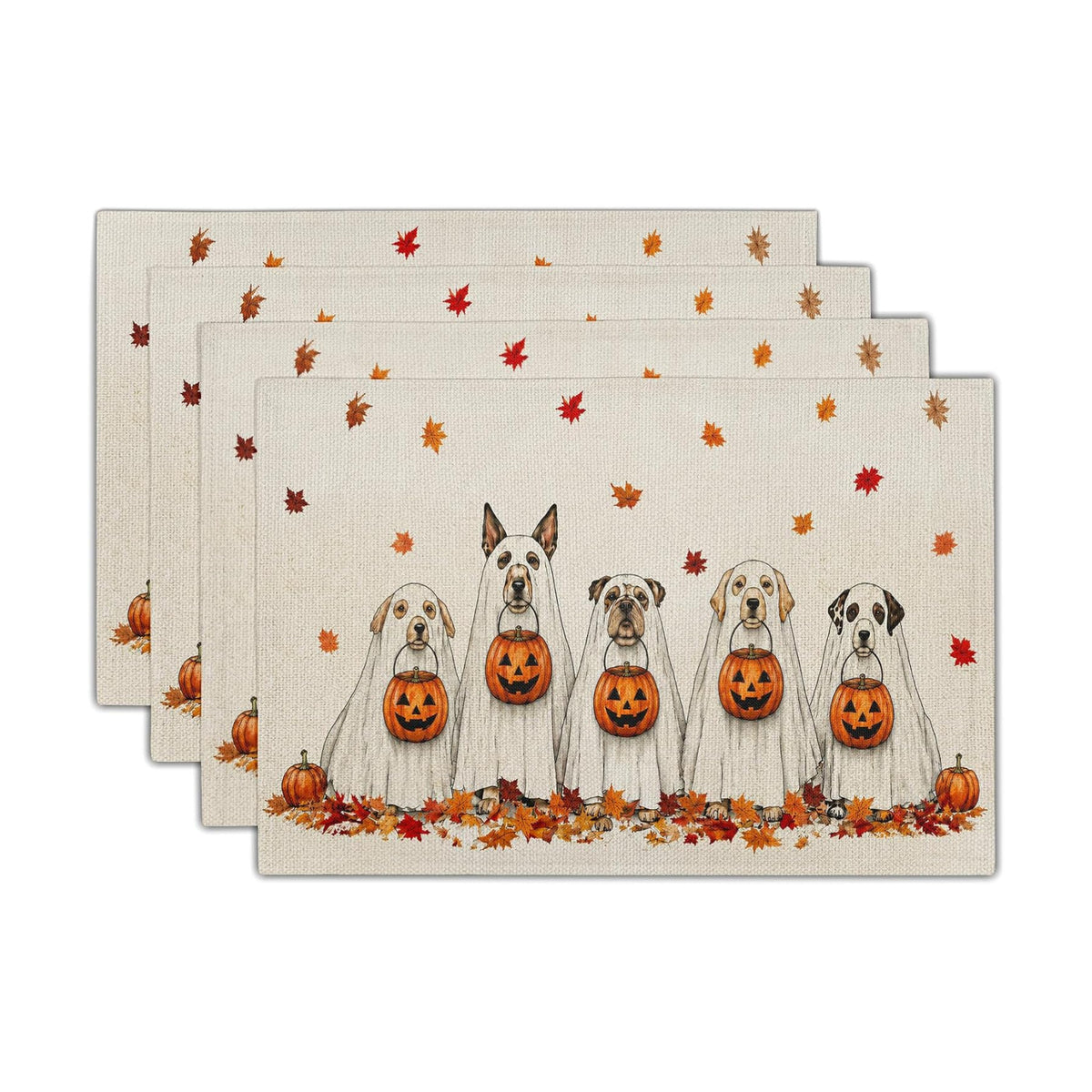 Halloween Placemats Set of 4 18x12 Inch Ghost Dog Pumpkin Fall Maple Leaves Linen Place Mats Heat-Resistant Washable Wipeable Autumn Holiday Table Mat for Party Kitchen Dining Room Dinner Table Decor