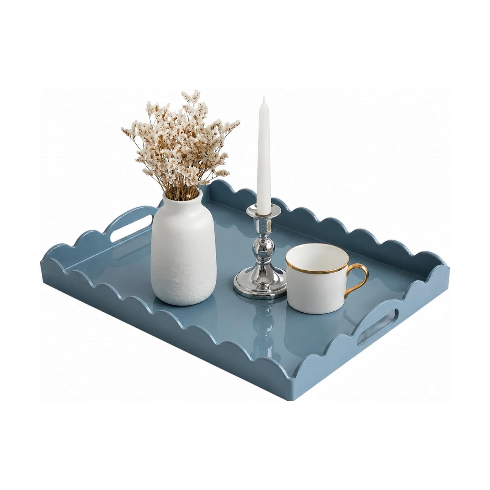 Scalloped Glossy Plastic Lacquer Decorative Tray / Dusty Blue / 15.7 x 11.8