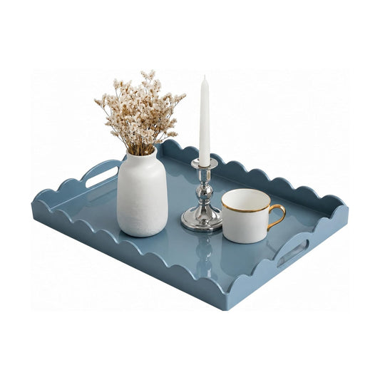 Scalloped Glossy Plastic Lacquer Decorative Tray / Dusty Blue / 15.7 x 11.8