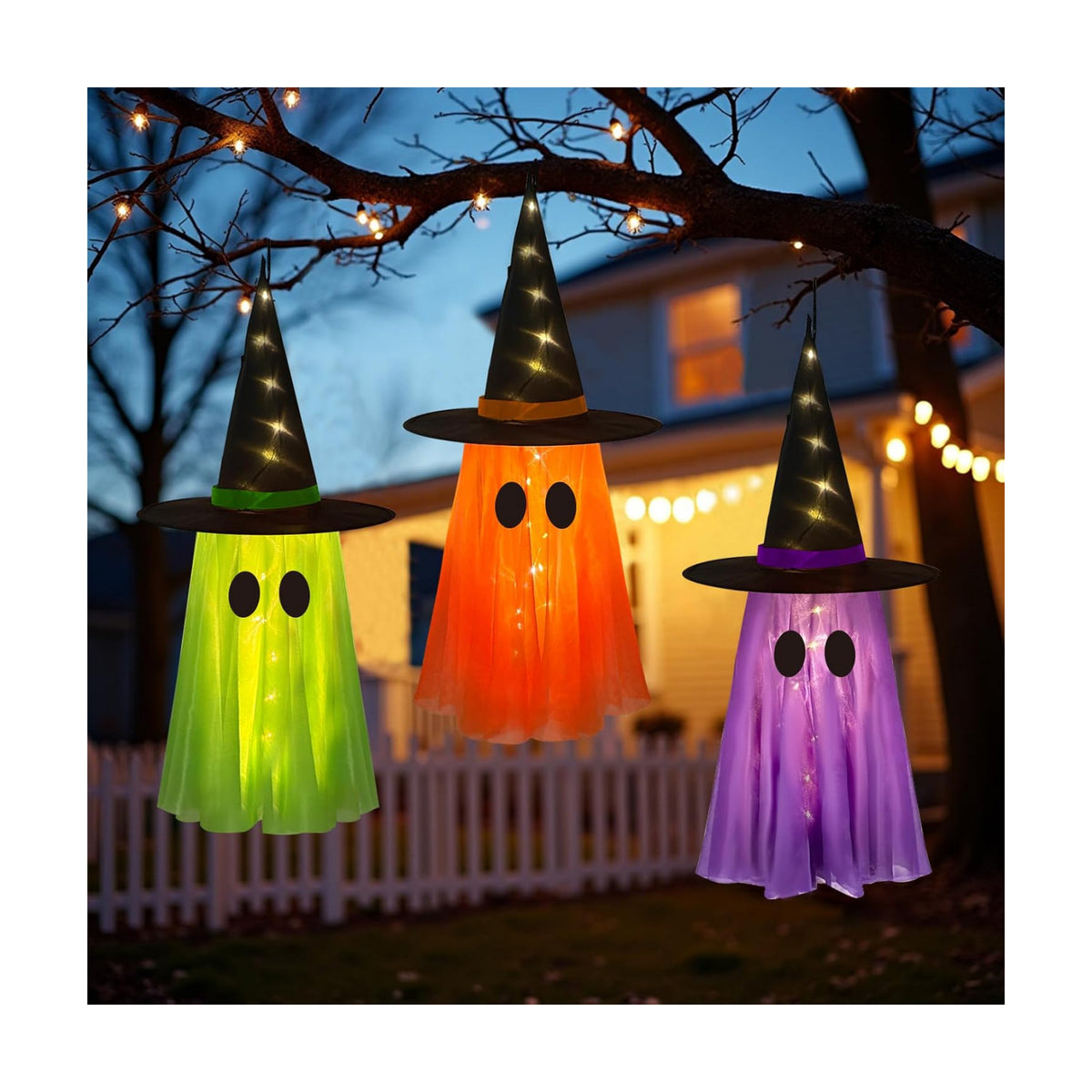 DAZONGE 3 Pack Light-up Halloween Hanging Witch Ghost Decor Outdoor