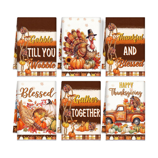 Redbaker 6 Pcs Thanksgiving Kitchen Towels, Turkey Pumpkin Funny Dish Towel, Fall Absorbent Farmhouse Decorative Fast Drying Tea Dishcloth with Hanging Loop for Kitchen Bathroom Home Housewarming Gift