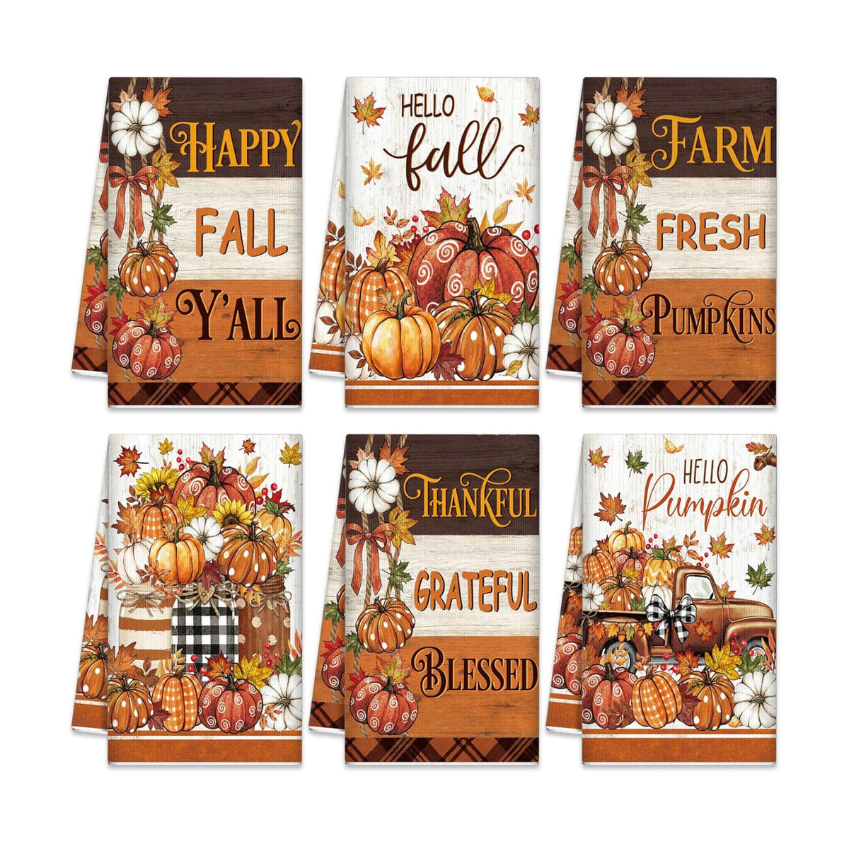 Redbaker 6 Pcs Fall Kitchen Towels, Ivory Pumpkin Funny Dish Towel, Autumn Absorbent Farmhouse Decorative Fast Drying Tea Dishcloth with Hanging Loop for Kitchen Bathroom Home Housewarming Gift