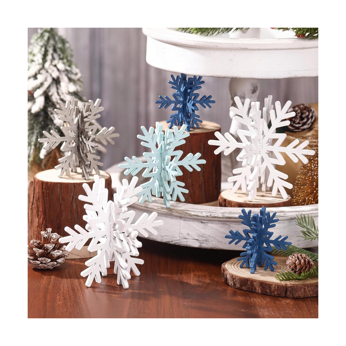 Bucherry 12 Pcs Wooden Snowflakes Table Decor,White, Gray, Blue