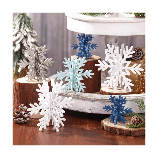 Bucherry 12 Pcs Wooden Snowflakes Table Decor,White, Gray, Blue