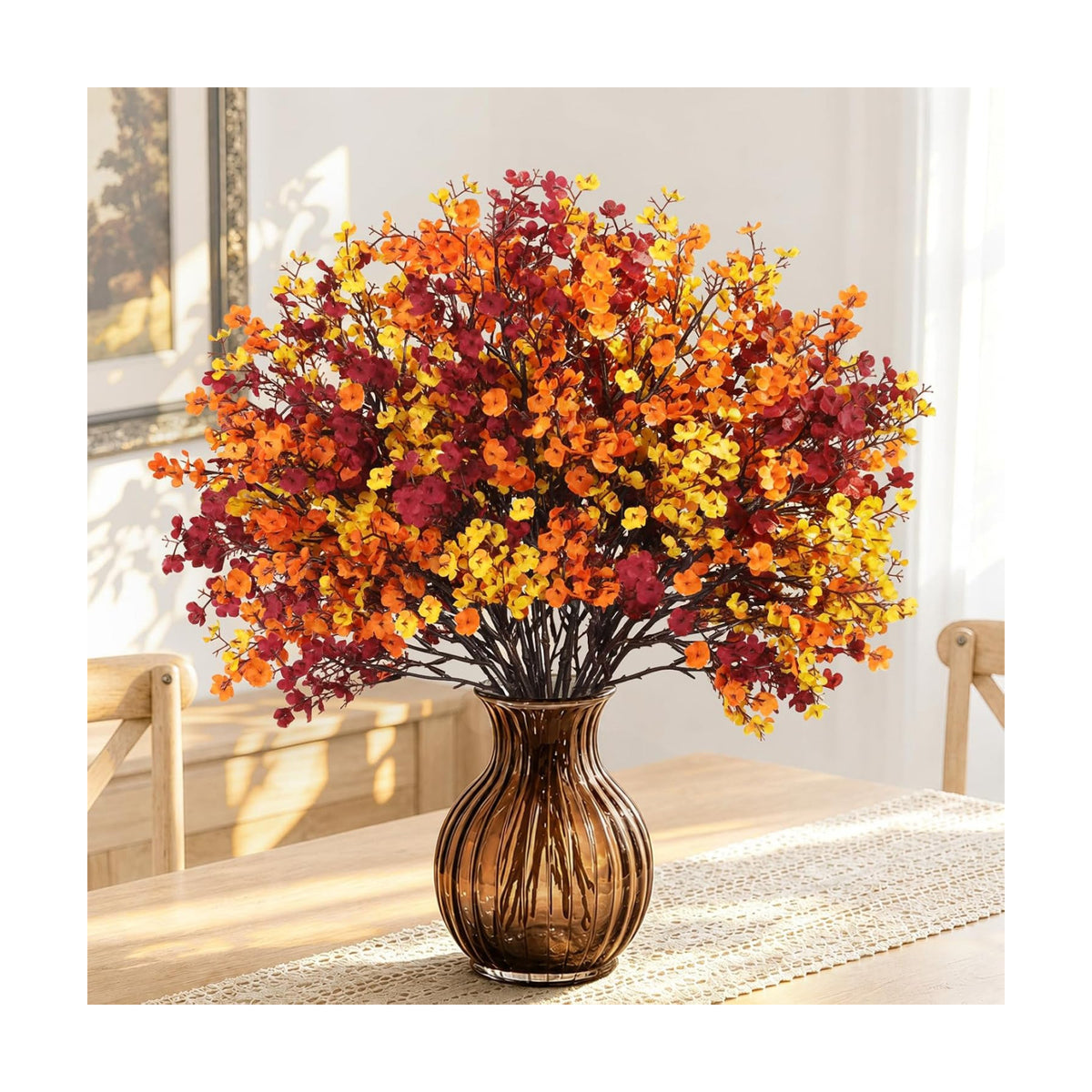 Uieke 15Pcs Fall Artificial Flowers Baby Breath, Burgundy & Orange Flowers