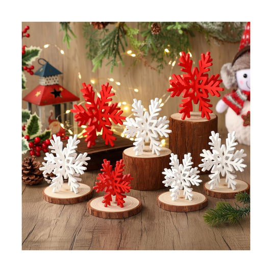 Bucherry 12 Pcs Wooden Snowflakes Table Decor,White, Red