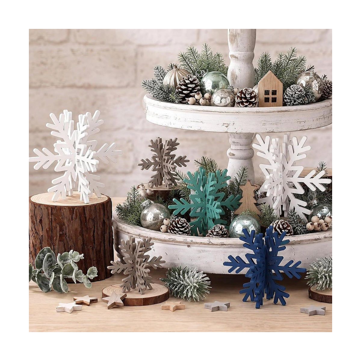 Bucherry 12 Pcs Wooden Snowflakes Table Decor,White, Blue, Green, Gray