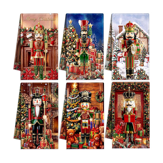 Redbaker 6 Pcs Christmas Kitchen Towels, Nutcracker Funny Dish Towel, Xmas Absorbent Farmhouse Decorative Fast Drying Tea Dishcloth with Hanging Loop for Kitchen Bathroom Home Housewarming Gift