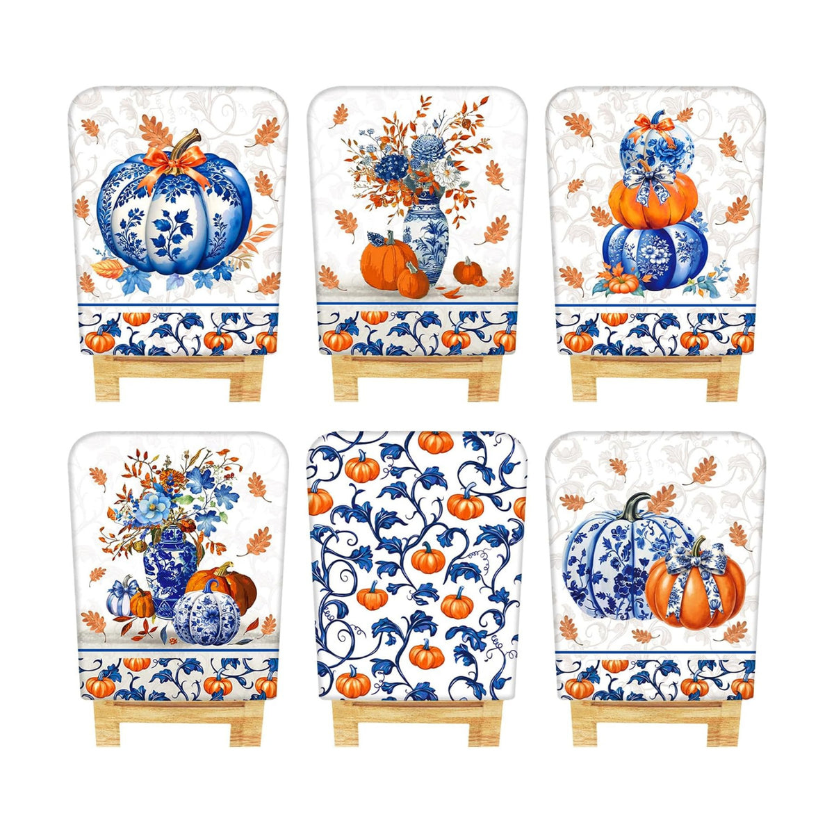 6 Pcs Fall Chair Covers, Blue Vase Pumpkin Slipcovers