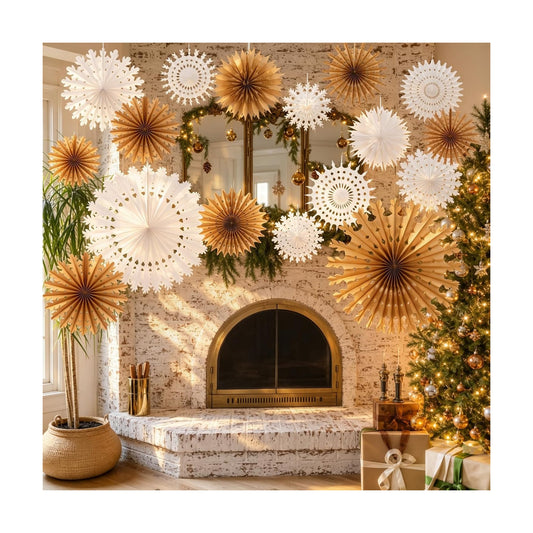 Amazingspark 16 Pcs 31.5" Winter White and Brown Paper Snowflake Decoration