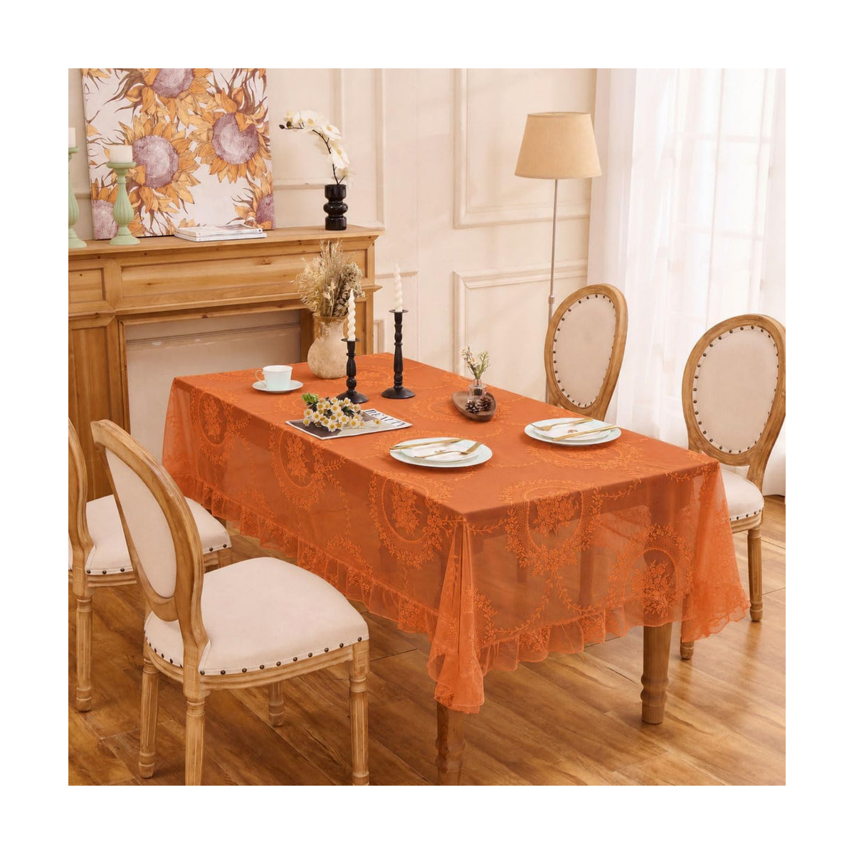 Fall Orange Lace Tablecloth, Vintage Rectangular Table Cloth 55”x70