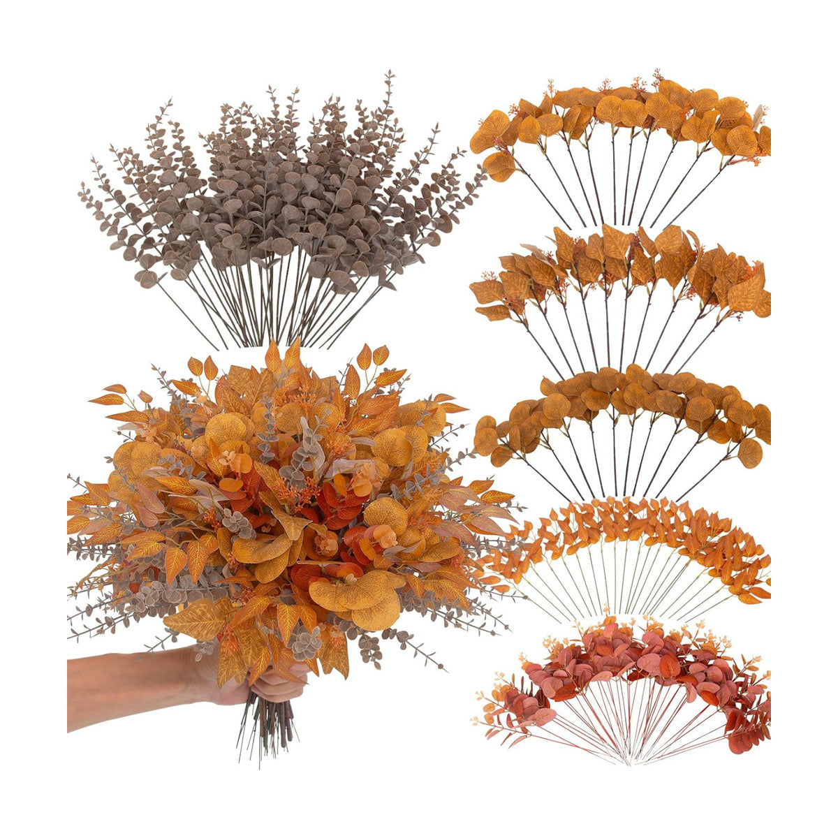 lovemoon 260 Pcs Fall Mixed Greenery Artificial Eucalyptus Stems, Orange