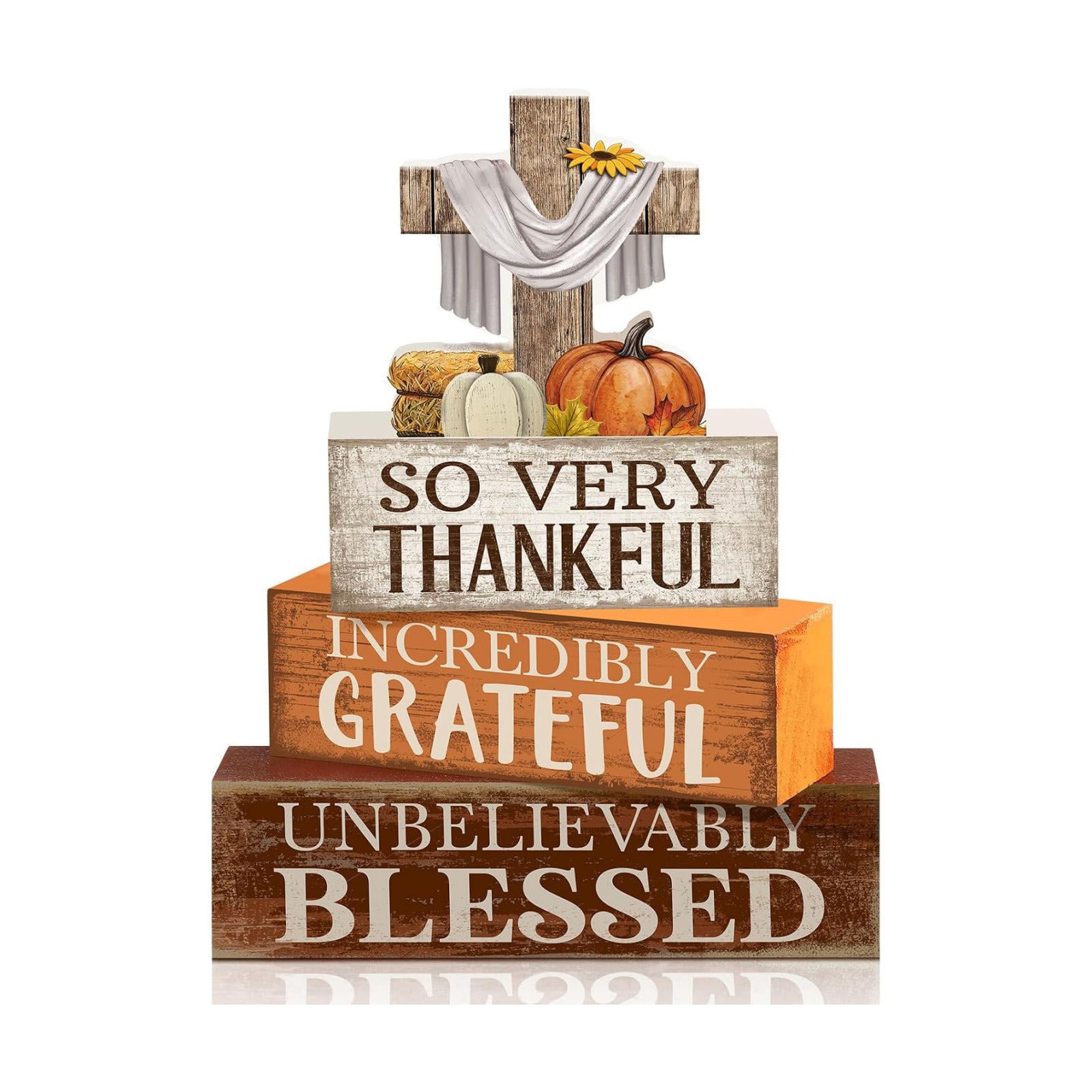 Moucuny 4 Pcs Fall Table Decoration for Home Religious Cross Stacked Signs