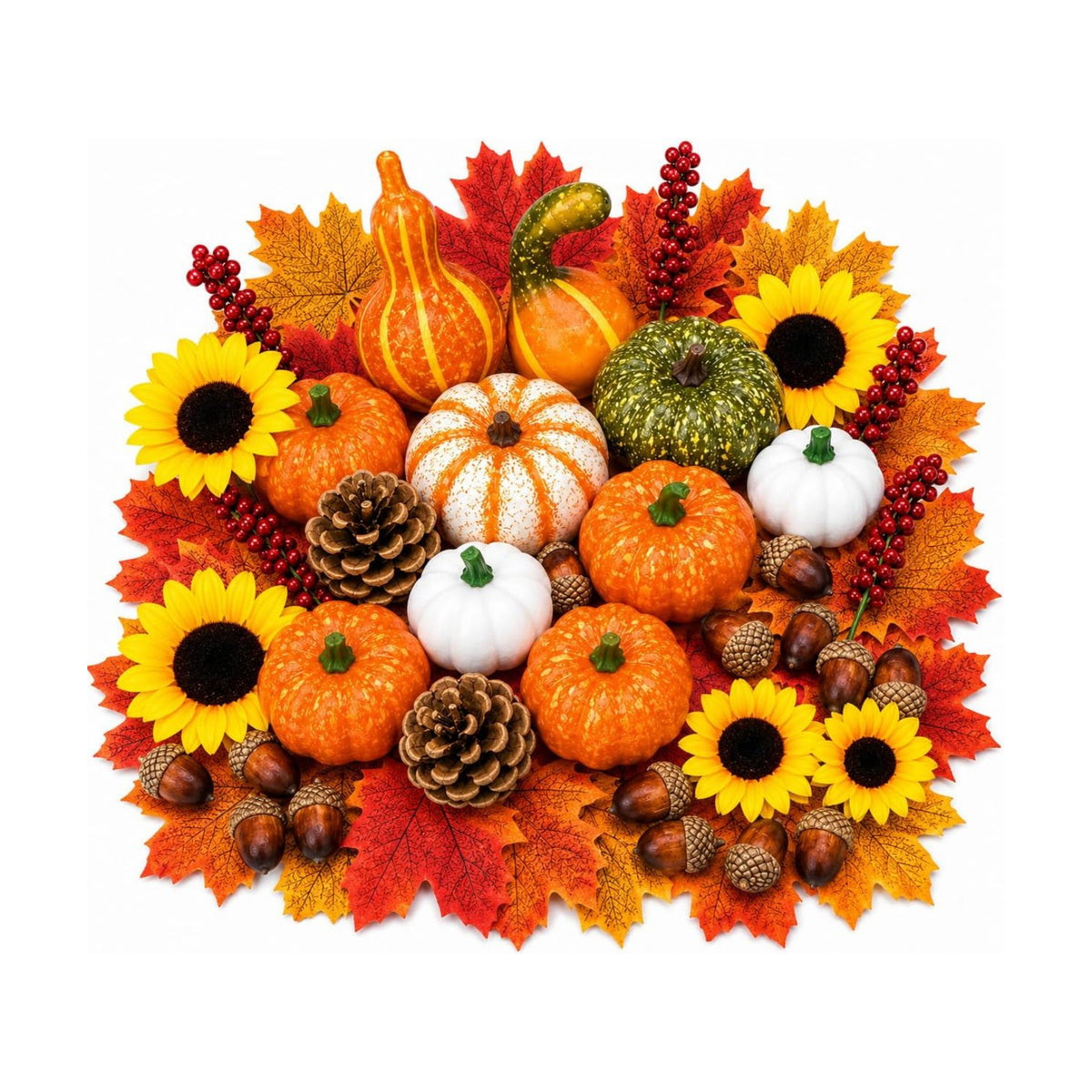 Artificial Fall Harvest Decor Set, 96 Piece Faux Pumpkins, Gourds, Sunflowers, Pinecones, Acorns, Berries and Maple Leaves for Thanksgiving, Halloween Table Centerpieces and Autumn Home Decor