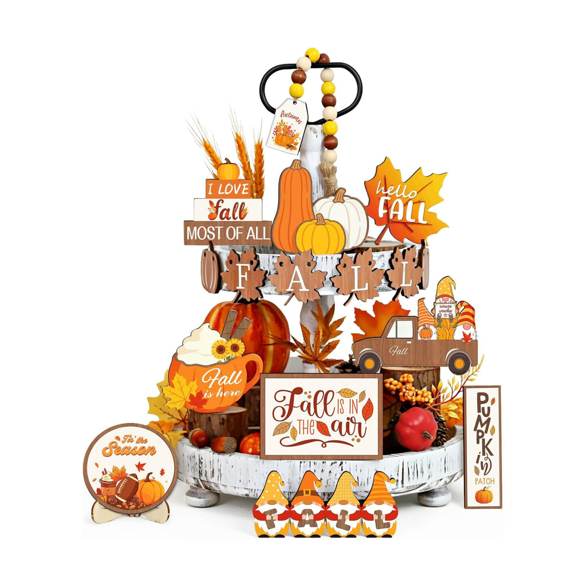 19pcs Fall Tiered Tray Decor- Fall Decorations Indoor Wooden Fall Decor Set with Wood Bead Pumpkin Gnome Truck Tabletop Centerpieces for Autumn Harvest Home Kitchen Table
