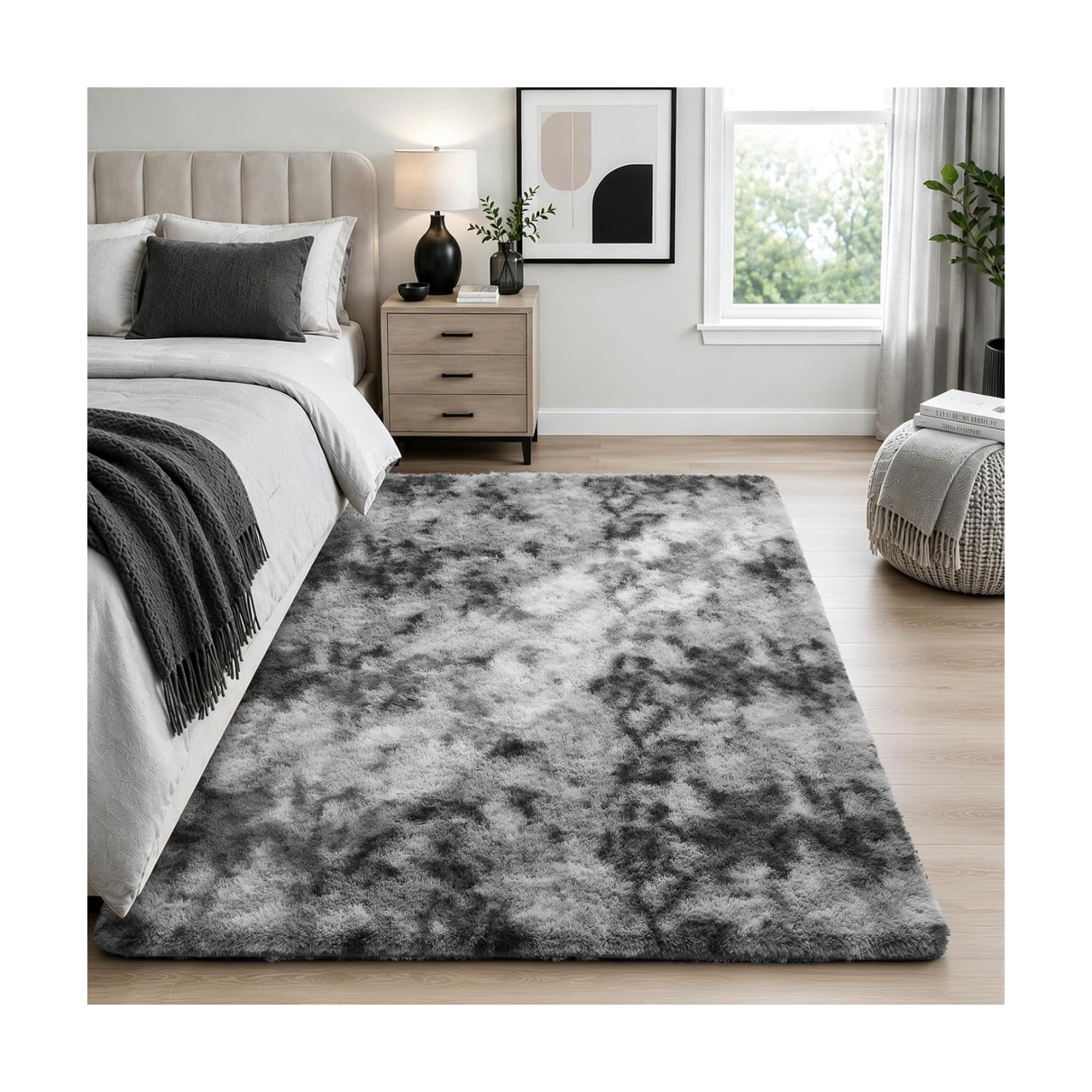 Ophanie Tie-Dyed Grey Area Rugs for Bedroom Living Room, Light Gray Fluffy Shag Fuzzy Carpet,Plush Shaggy Rug,4x6