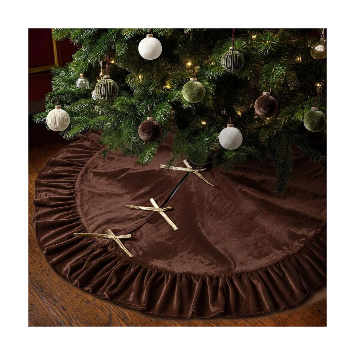 Velvet Christmas Tree Skirt, 48 Inches, Bow Style, Brown