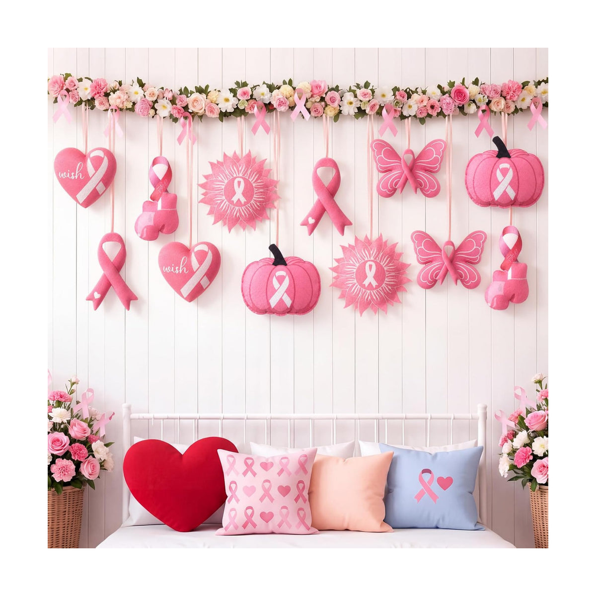 Breling 12 Pcs Breast Cancer Ornaments 3.15" Pink Ribbon Felt Hanging Decor