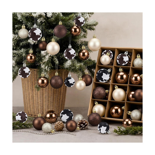 Lunmon 64 Pcs Cow Print Christmas Ball Ornaments Brown Cowhide Western Cowboy Xmas Bulbs 1.6/1.97/2.4 Inch Champagne Bronze Plastic Hanging Decor Assorted Size Xmas Decor for Home Tree Wreath Party