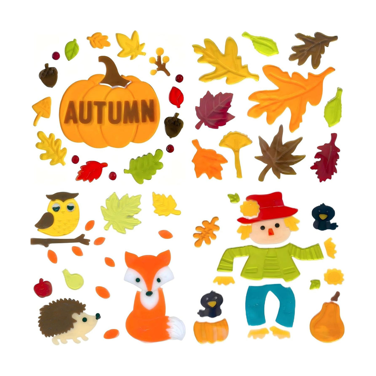 Gift&Fun 4Sheets Fall Gel Window Clings, 7.9x7.9 in, Scarecrow, Turkey, Pumpkin, Leaves, Forest Animals Theme