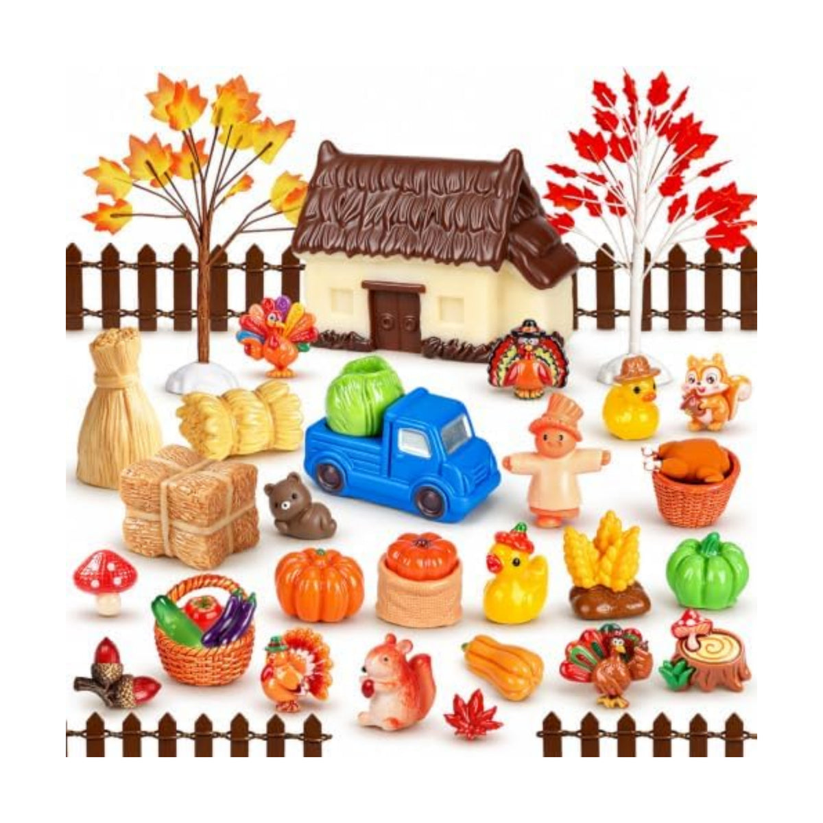50Pcs Fall Thanksgiving Mini Resin Figures Fall Village Miniature Thanksgiving Farm Figurines Autumn Tiny Little Ducks Turkeys Pumpkins Bulk for Harvest Home Table Garden Dollhouse DIY Craft Decor
