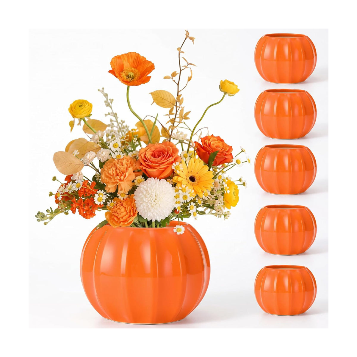 6 Pcs Fall Ceramic Pumpkin Vases Fall Flower Vase, Orange