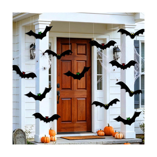 12 Pcs Halloween Hanging Bats with Glow in the Dark Fluorescent Eyes, Waterproof Fake Bats Decorations for Outdoor Yard & Tree, Indoor Haunted Party